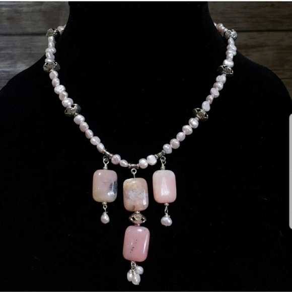 Rhodonite & Pearl Sterling Silver 4pc set Signed Bracelet Necklace Earrings - Picture 2 of 8